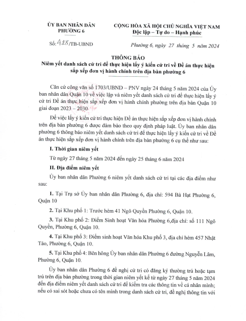 Image: PHƯỜNG 6 NIÊM YẾT DANH SÁCH CỬ TRI ĐỂ THỰC HIỆN LẤY Ý KIẾN VỀ ĐỀ ÁN THỰC HIỆN SẮP XẾP ĐƠN VỊ HÀNH CHÍNH TRÊN ĐỊA BÀN PHƯỜNG 6