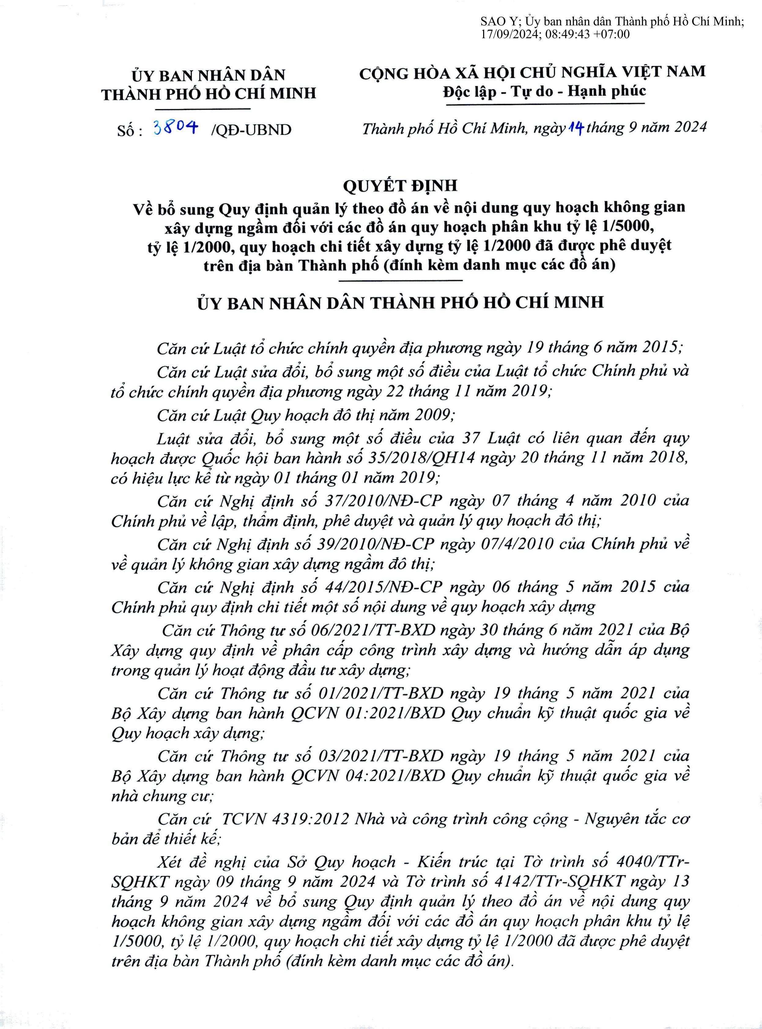 Image: QUYẾT ĐỊNH SỐ 3804/QĐ-UBND NGÀY 14/9/2024 CỦA ỦY BAN NHÂN DÂN THÀNH PHỐ VỀ BỔ SUNG QUY ĐỊNH QUẢN LÝ THEO ĐỒ ÁN VỀ NỘI DUNG QUY HOẠCH KHÔNG GIAN XÂY DỰNG NGẦM ĐỐI VỚI CÁC ĐỒ ÁN QUY HOẠCH PHÂN KHU TỶ LỆ 1/5000, TỶ LỆ 1/2000, QUY HOẠCH CHI TIẾT XÂY DỤNG TỶ LỆ 1/2000 ĐÃ ĐƯỢC PHÊ DUYỆT