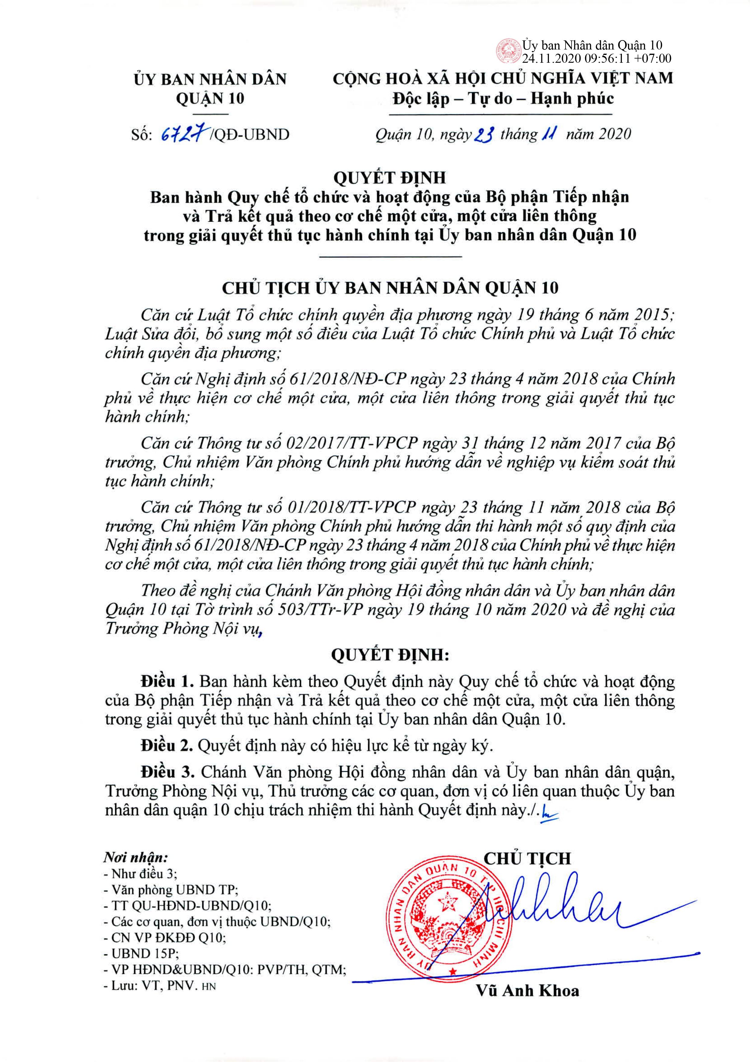 Image: Quyết định ban hành Quy chế tổ chức và hoạt động của Bộ phận tiếp nhận và trả kết quả theo cơ chế một cửa, một cửa liên thông trong giải quyết thủ tục hành chính tại Ủy ban nhân dân Quận 10